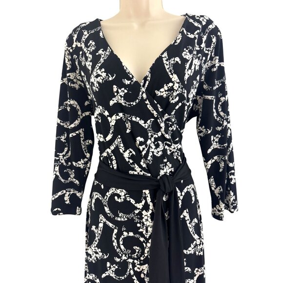 White House Black Market Baroque Print Faux-Wrap Dress with Tie Size 12 Fall - Picture 2 of 5